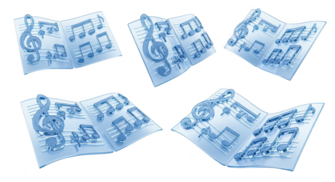 Transparent musical notes in an open book fly in an airy scene on a white background for music education and creative designs