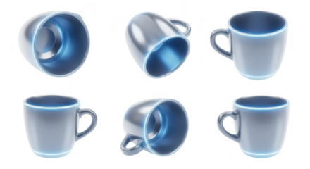 A set of shiny ceramic cups displayed on a white background showcasing angles for design purposes