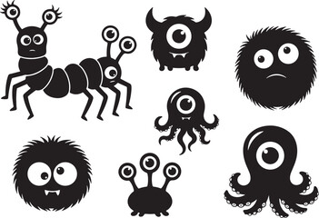 Collection of seven black cartoon monsters with big eyes, monster, alien, creature, cartoon, black and white, illustration, cute, funny, spooky, scary, whimsical, fantasy, character, design, graphic, 