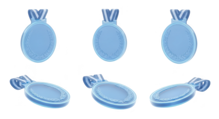 Blue rendered medals diverse angles white backdrop representing awards achievements victory contest or sport