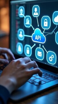 API Application Programming Interface Concept. A programmer types on a laptop, interacting with digital icons representing API development, security, and cloud computing. Applications doodled images.