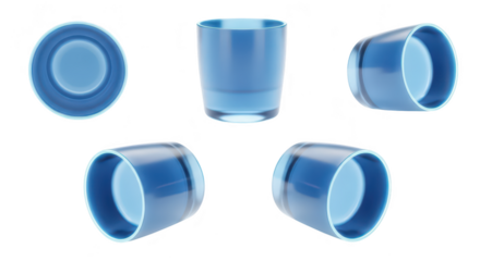 Several blue glass tumblers displayed from various angles on a white background showcasing design options ideal for product presentation