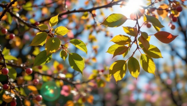 leaves with reflective surfaces hovering midair in a windless sunbeam filled glade