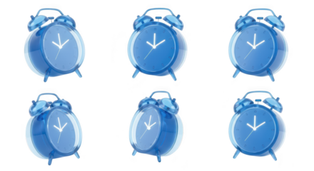 Blue alarm clocks arrayed showing varying perspectives against white background for time or deadline concepts