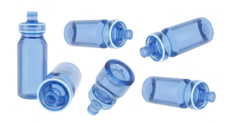 Blue glass bottles scattered on white backdrop implying hydration reusable containers or design elements