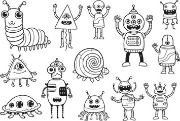 Cute cartoon aliens and robots collection black and white, alien, robot, monster, cartoon, drawing, illustration, cute, funny, friendly, space, science fiction, creature, character, extraterrestrial, 