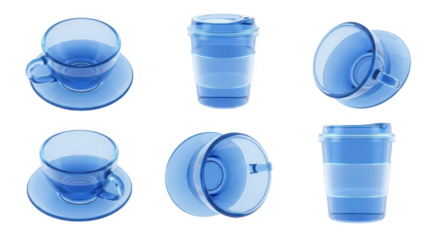 Blue glass cups and to-go coffee mug are shown in different angles isolated on white for design mockups and product presentations