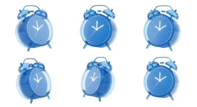 Blue alarm clocks arrayed showing varying perspectives against white background for time or deadline concepts - Powered by Adobe