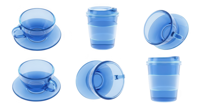 Blue glass cups and to-go coffee mug are shown in different angles isolated on white for design mockups and product presentations