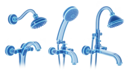 Transparent blue shower fixtures isolated on white ideal for bathroom design and plumbing illustrations