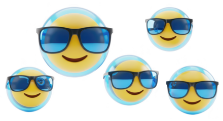 3D rendered yellow emoji characters wearing sunglasses floating on a white background representing happiness or summer fun