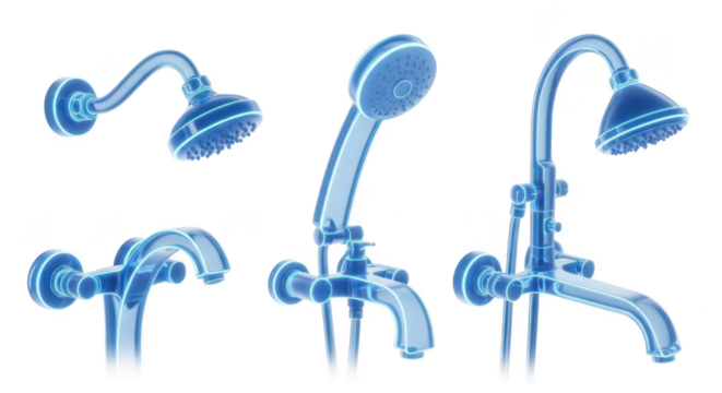 Transparent blue shower fixtures isolated on white ideal for bathroom design and plumbing illustrations