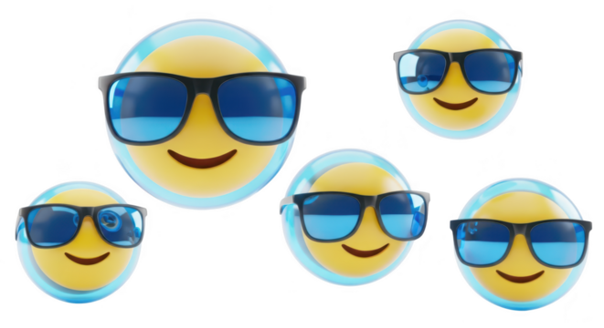 3D rendered yellow emoji characters wearing sunglasses floating on a white background representing happiness or summer fun