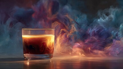 Coffee drink in glass with colorful smoke background