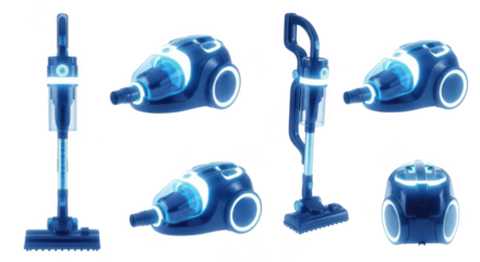 Futuristic vacuum cleaners various angles demonstrating cleaning technology isolated on a white background for illustrating innovation design and home appliances