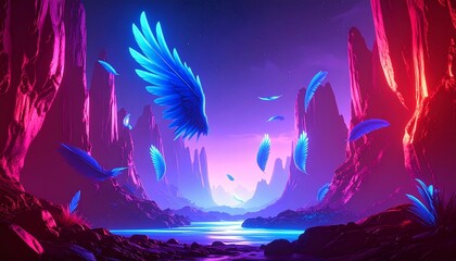 Surreal landscape at night featuring luminous blue feathers scattered across a vibrant, otherworldly terrain with glowing rock formations and a shimmering river under a dark purple sky.