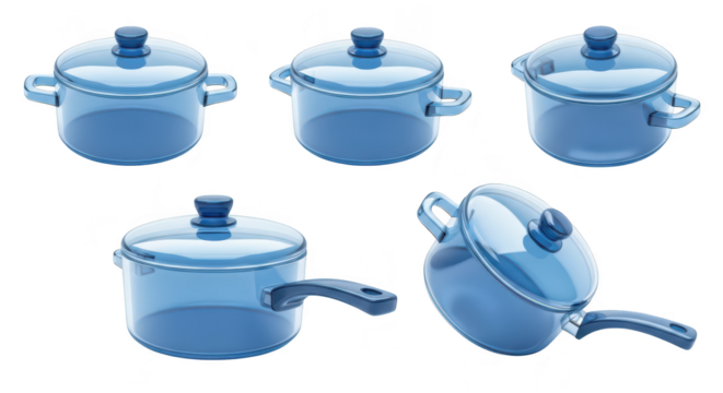 Blue glass cookware set with lids in multiple angles against a white background ideal for illustrating cooking concepts and kitchen themes