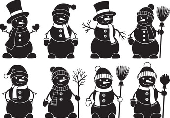 Eight black silhouette snowmen wearing hats and scarves, snowman, snowmen, winter, christmas, holiday, black and white, silhouette, illustration, graphic, character, cute, cartoon, happy, cheerful, sm