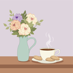 Vector, cup of coffee with cookies, vase with flowers