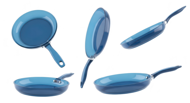 Various angled views of a blue skillet floating against a white background useful for cooking or kitchen design visuals