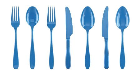 Blue cutlery set arranged symmetrically isolated on white background showcasing eating utensils suitable for dining concepts