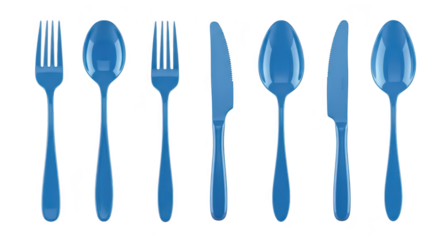 Blue cutlery set arranged symmetrically isolated on white background showcasing eating utensils suitable for dining concepts