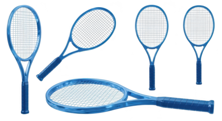 Five blue tennis rackets isolated on a plain white background show different angles ready for sports use