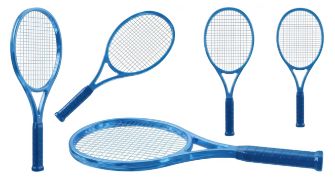 Five blue tennis rackets isolated on a plain white background show different angles ready for sports use