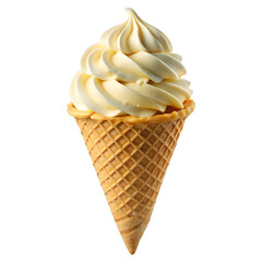 A delicious vanilla soft serve ice cream cone, isolated on a white background