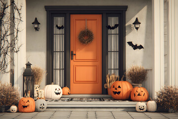 Obraz premium Front Door with Halloween Decorations and Pumpkins. AI generated