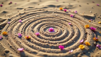 rippled sand surface with concentric patterns and scattered flower petals in a tranquil setting