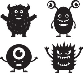Four black silhouette cartoon monsters with big eyes and teeth, monster, cartoon, silhouette, black, white background, creature, alien, fantasy, spooky, scary, cute, funny, character, illustration, gr