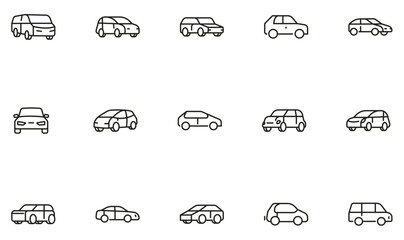 Vector set of linear icons related to various vehicle types for rent, carsharing, UI, web, app or infographic design
