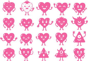 Pink heart and strawberry characters with various expressions and features, heart, strawberry, character, cartoon, pink, cute, monster, funny, happy, sad, angry, surprised, confused, waving, smiling, 