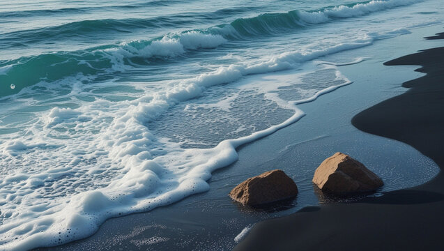 Ultra-realistic ocean waves hitting dark sandy beach with foamy surf, shimmering wet sand, sunlit coastal rocks, turquoise to deep blue sea gradient, cinematic natural seascape in 8K HDR