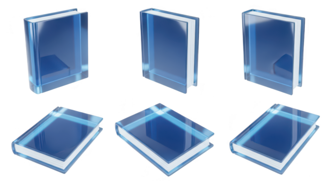 Several 3D-rendered blue transparent books displayed in various angles on a white backdrop for educational digital or concept design