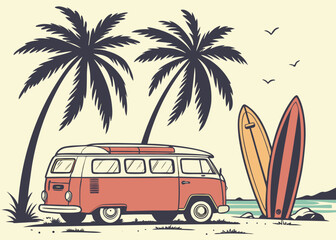 Retro Surfer Lifestyle Illustration with Vintage Beach Van, Palm Trees, Surfboards, and Ocean Scenery