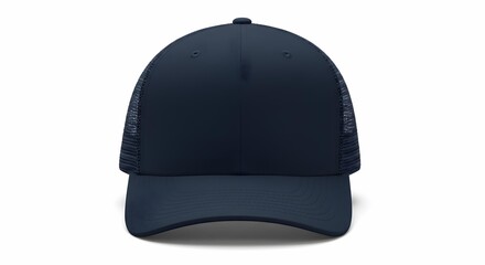 Blank Dark Blue Trucker Hat on White Background, Front Facing