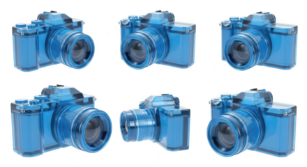 Blue transparent camera model collection on a white backdrop demonstrating various angles for design or product visualization
