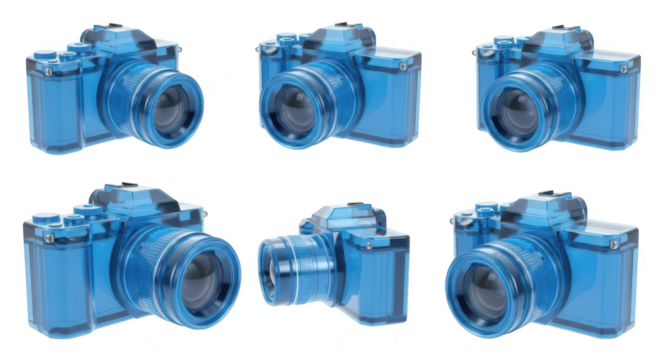 Blue transparent camera model collection on a white backdrop demonstrating various angles for design or product visualization