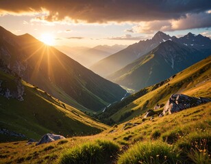 Golden Morning Sunrise Over Mountain Hills with Clear Blue Sky