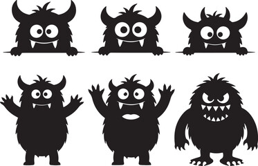 Six black silhouette monsters with horns and big eyes, monster, silhouette, black, white background, cute, cartoon, creature, halloween, funny, character, spooky, scary, playful, friendly, horned, fur