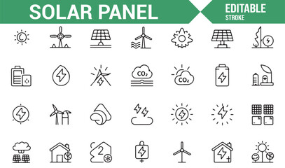 Solar Panel, Wind Power, and Energy Storage Icons for Renewable Solutions