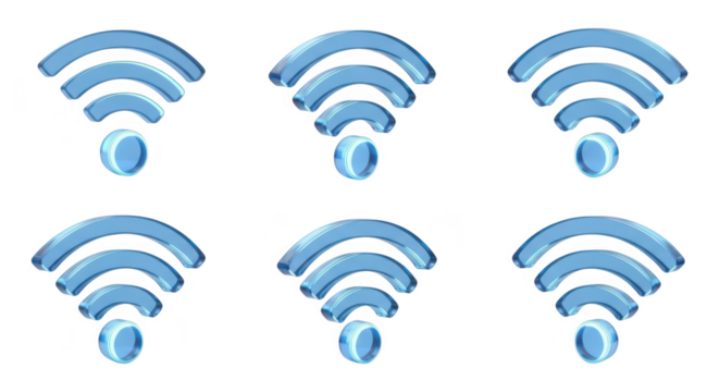 Six translucent blue Wi-Fi symbols arranged on white representing wireless internet connectivity ideal for technology or network concepts
