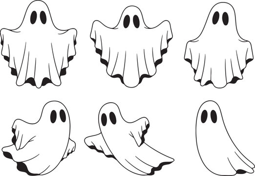 Six cartoon ghosts in various poses and styles halloween, ghost, halloween, spooky, scary, cartoon, illustration, character, spirit, phantom, apparition, supernatural, white, black, outline, simple, c