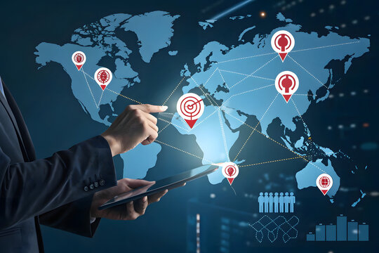 Businessman uses tablet interacting with global network map with location pins world map