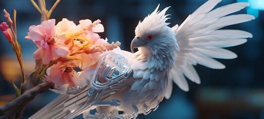 A white Griffin , a small creature made of glass that is sitting in the palm of your hand art, generative ai