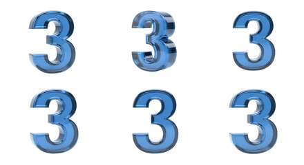 Six blue glass number three graphics stand isolated on a white background perfect for design elements and counting