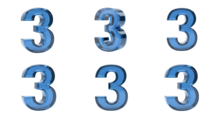 Six blue glass number three graphics stand isolated on a white background perfect for design elements and counting