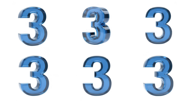 Six blue glass number three graphics stand isolated on a white background perfect for design elements and counting